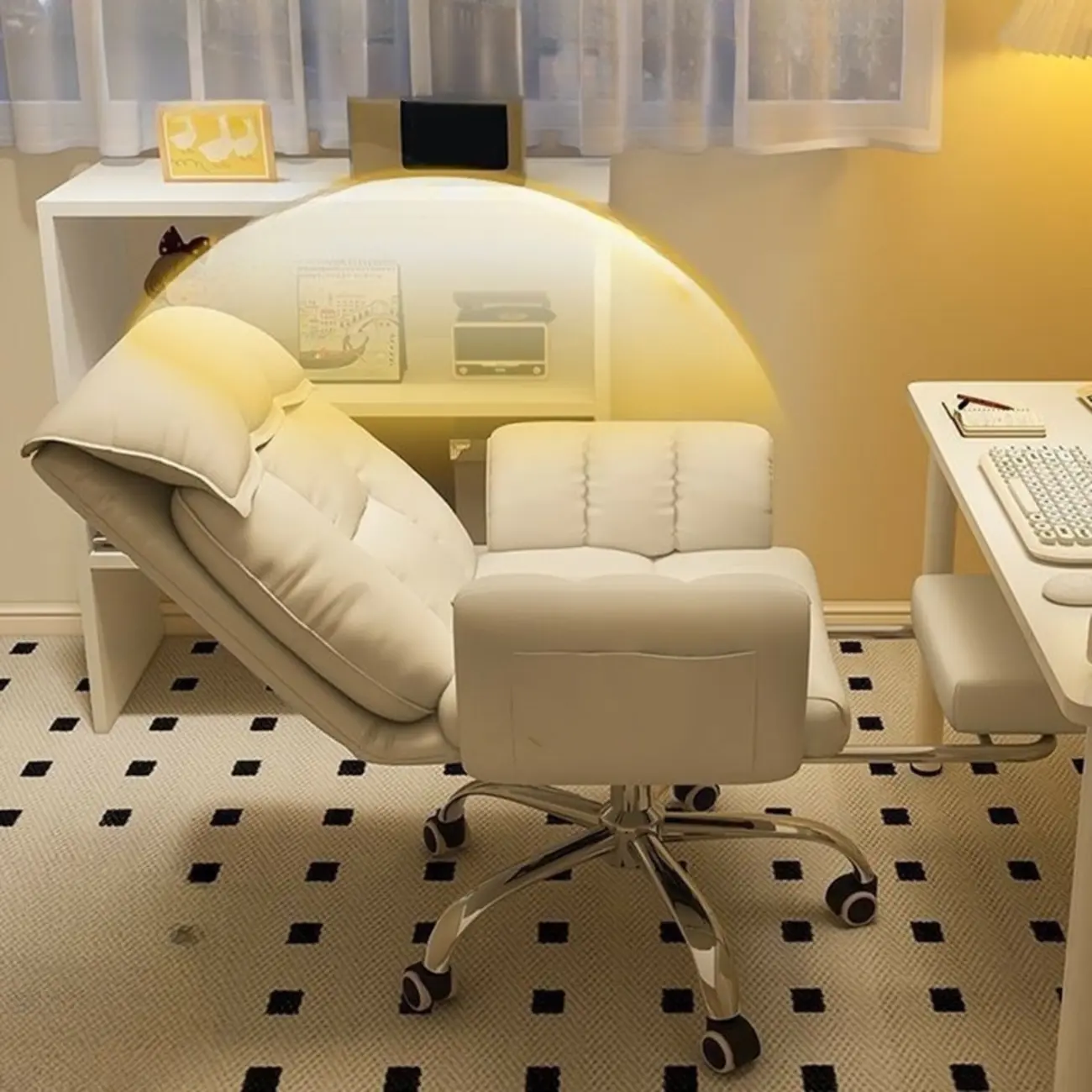 Simple Beige Leather Adjustable Swivel Office Chair Image - 2 | homeyfad