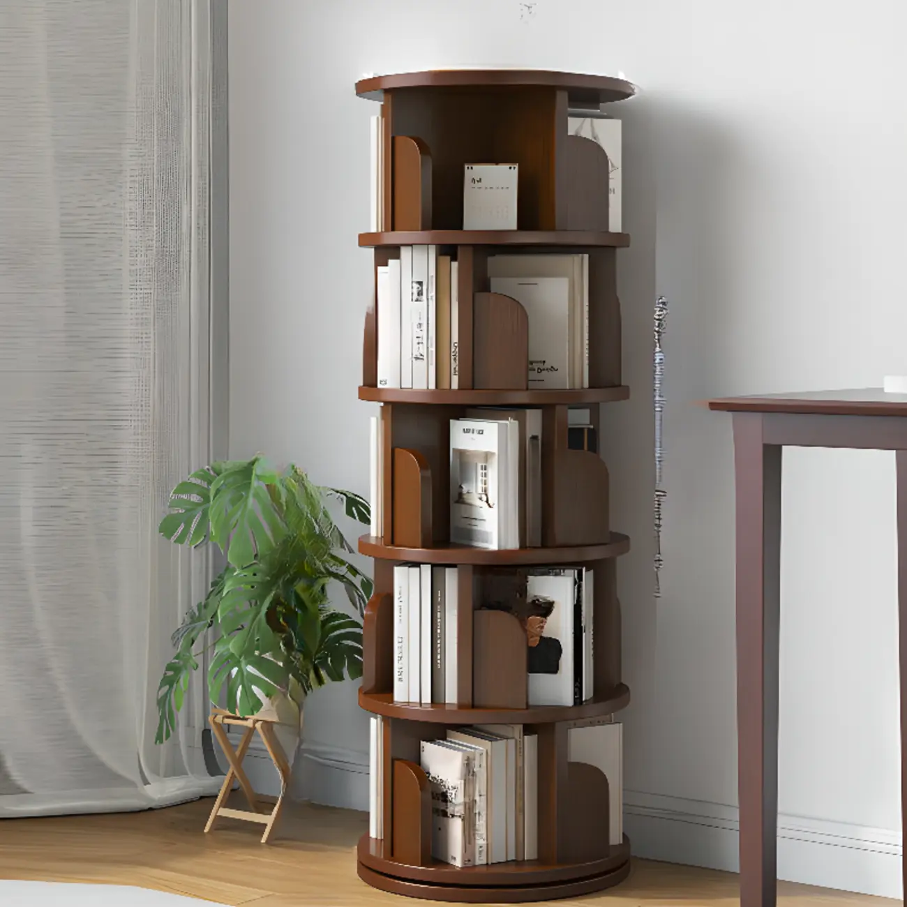 Narrow 5-Tier Rustic Wood Swivel Open Bookcase Image - 1 | homeyfad