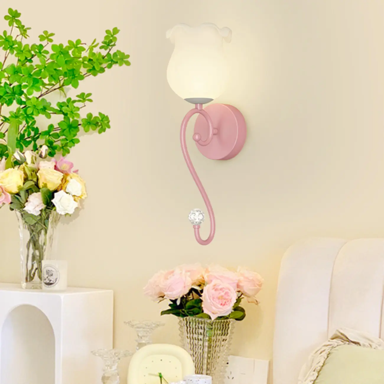 Modern Milk Glass Wall Light with Pink Metal Design Image - 3 | homeyfad