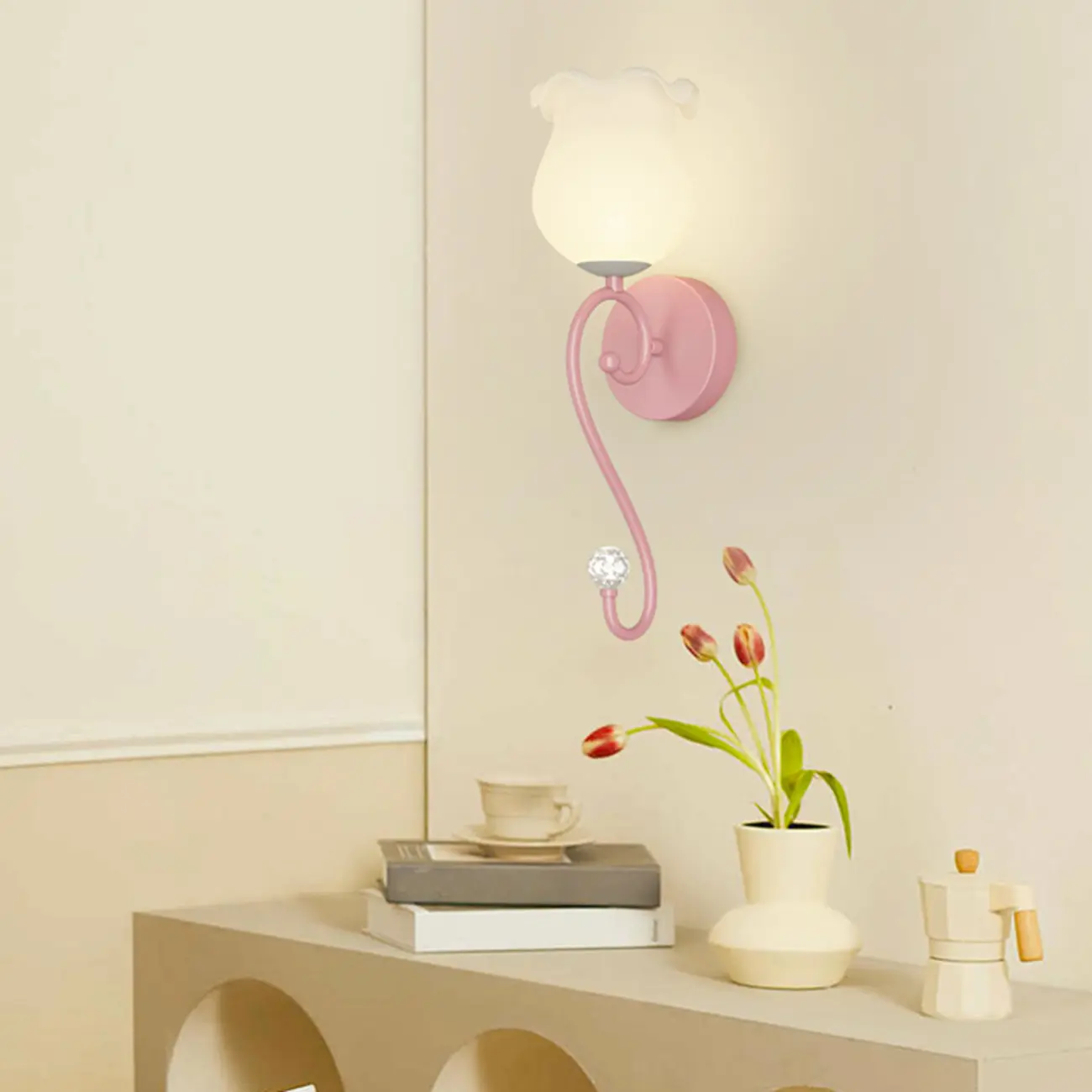 Modern Milk Glass Wall Light with Pink Metal Design Image - 1 | homeyfad