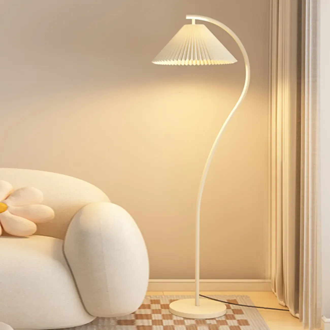 Modern Pleated Fabric White Metal 61" Floor Lamp Image - 3