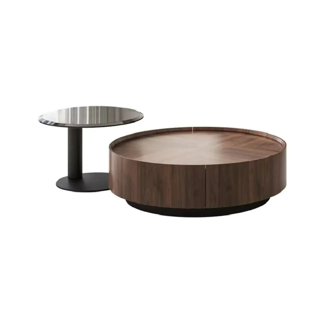 Brown Round Contemporary Wood Drawer Coffee Table Image - 9