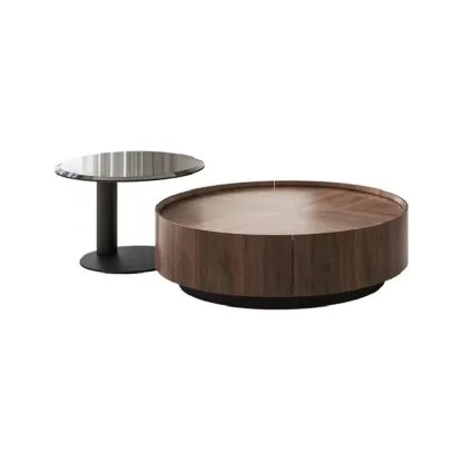 Brown Round Contemporary Wood Drawer Coffee Table Image - 9