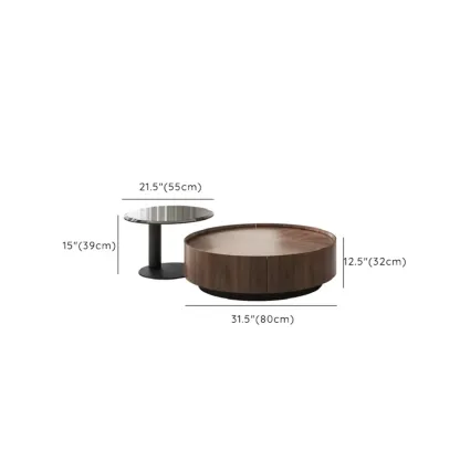 Brown Round Contemporary Wood Drawer Coffee Table Image - 13