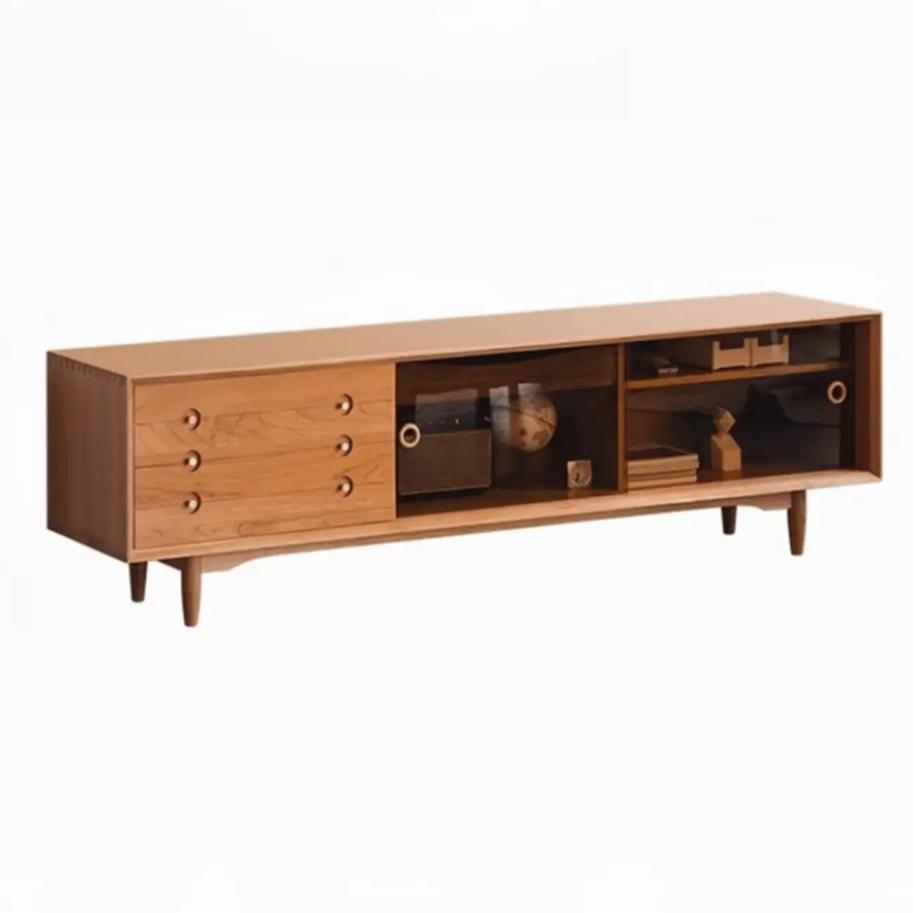 Long Scandinavian Cherry Wood TV Stand with Door Image - 11