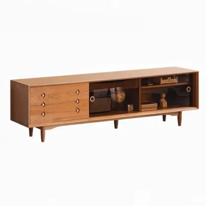 Long Scandinavian Cherry Wood TV Stand with Door Image - 13