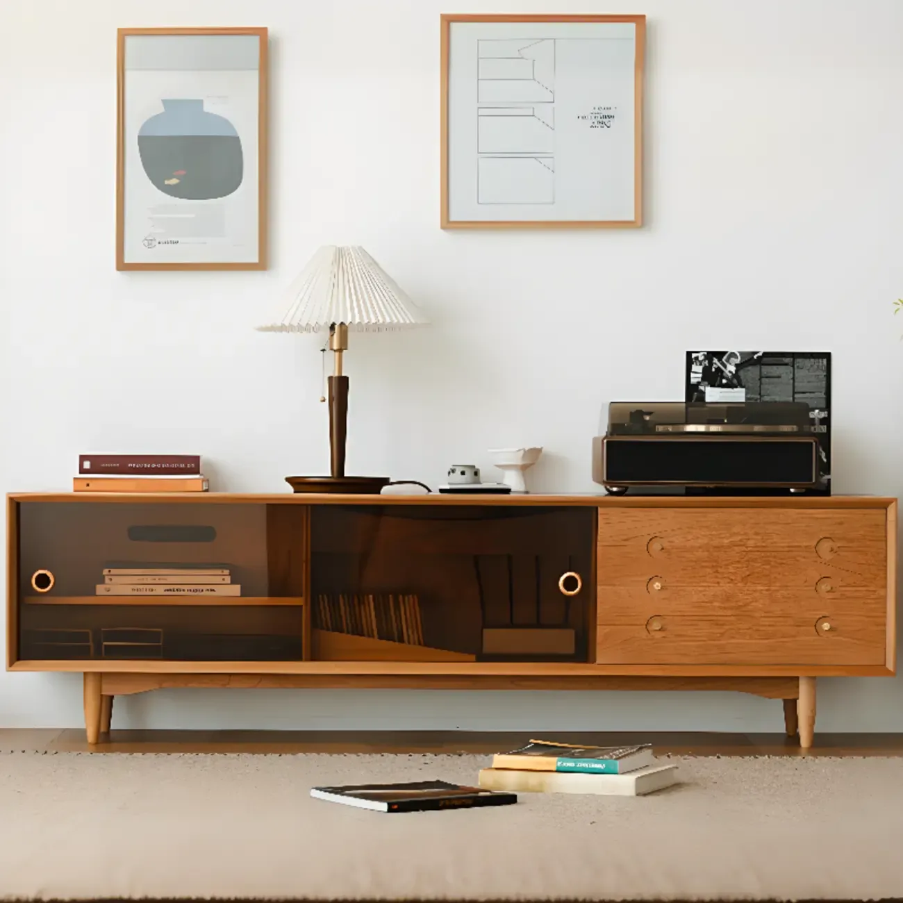 Long Scandinavian Cherry Wood TV Stand with Door | HomeyFad