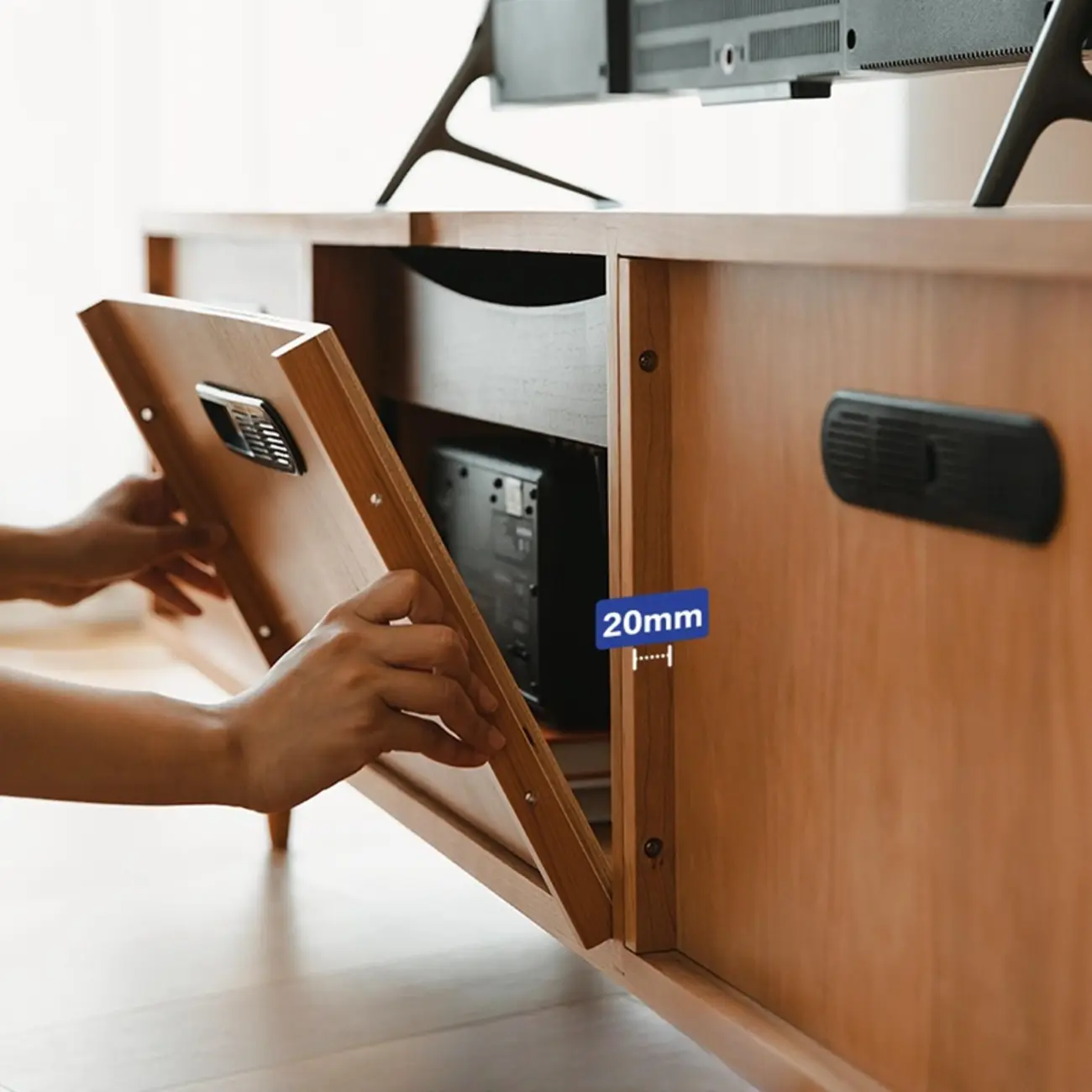 Long Scandinavian Cherry Wood TV Stand with Door Image - 9 | homeyfad