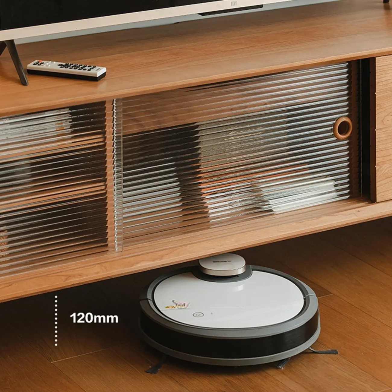 Long Scandinavian Cherry Wood TV Stand with Door Image - 5 | homeyfad