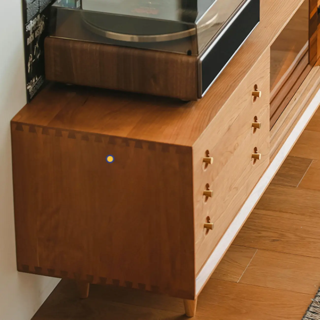 Long Scandinavian Cherry Wood TV Stand with Door Image - 7 | homeyfad