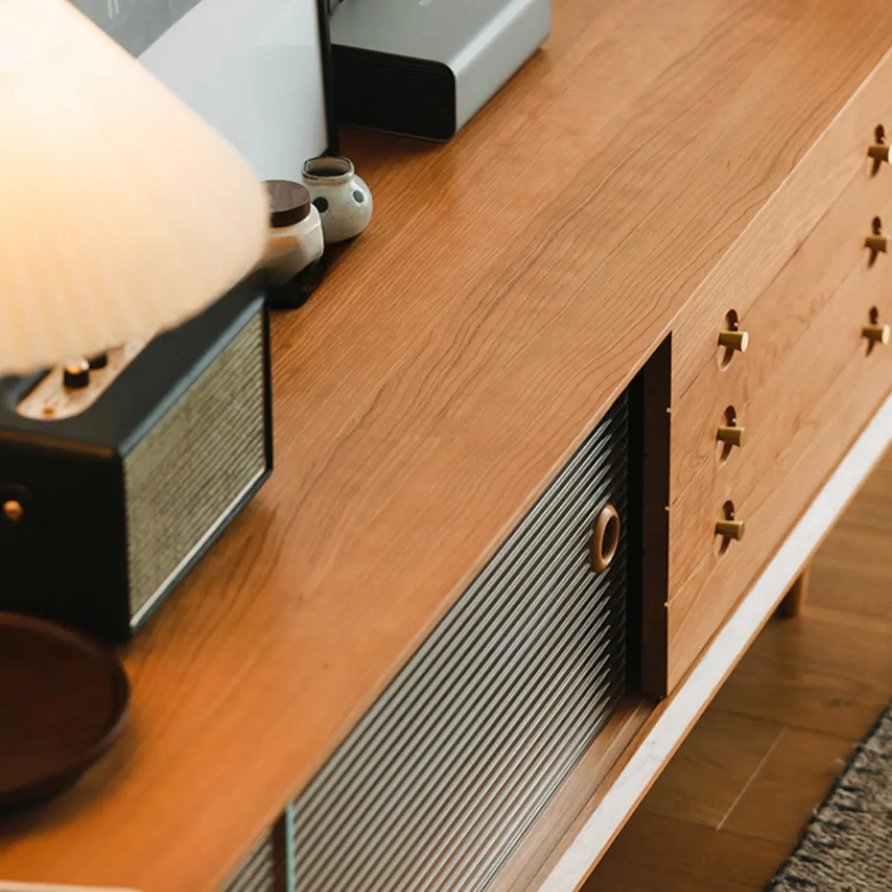 Long Scandinavian Cherry Wood TV Stand with Door Image - 10 | homeyfad