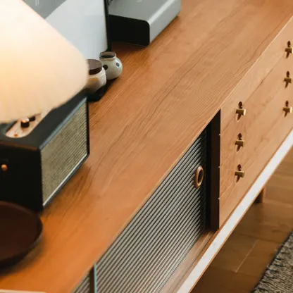 Long Scandinavian Cherry Wood TV Stand with Door Image - 10