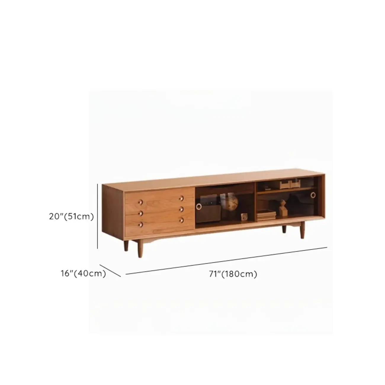 Long Scandinavian Cherry Wood TV Stand with Door #size