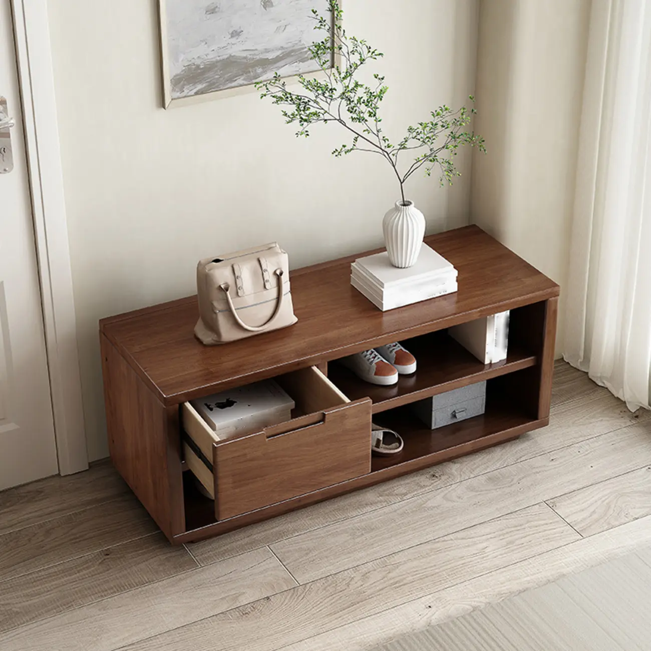 Nut-Brown Solid Wood Entryway Shoe Storage Bench Image - 4 | homeyfad