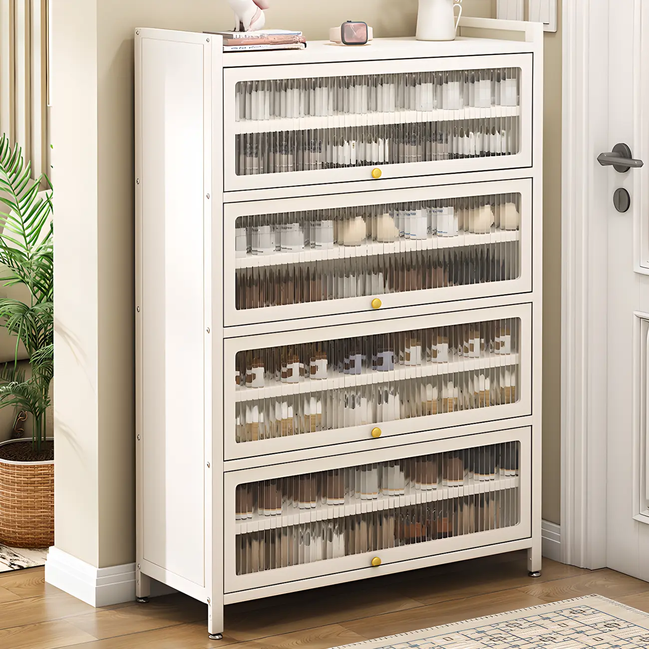 Vertical White Metal Entryway Shoe Storage with Glass Doors Image - 1 | homeyfad