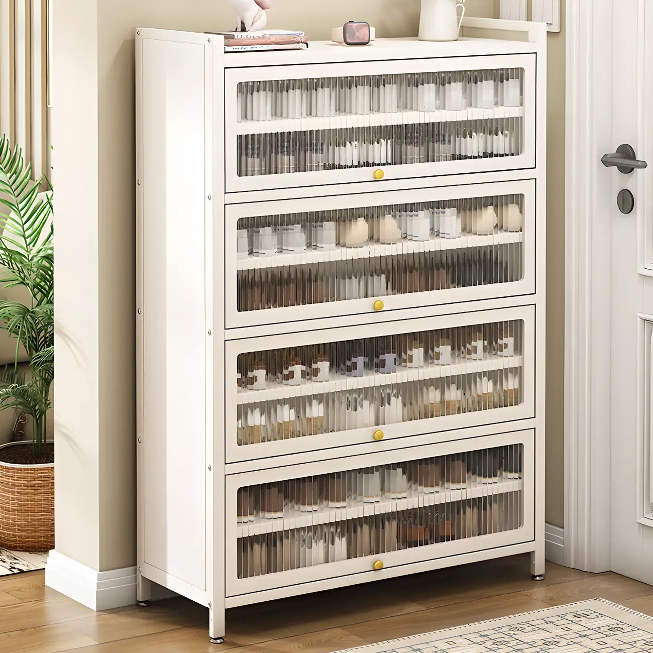 Vertical White Metal Entryway Shoe Storage with Glass Doors Image - 1