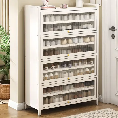 Vertical White Metal Entryway Shoe Storage with Glass Doors Image - 1