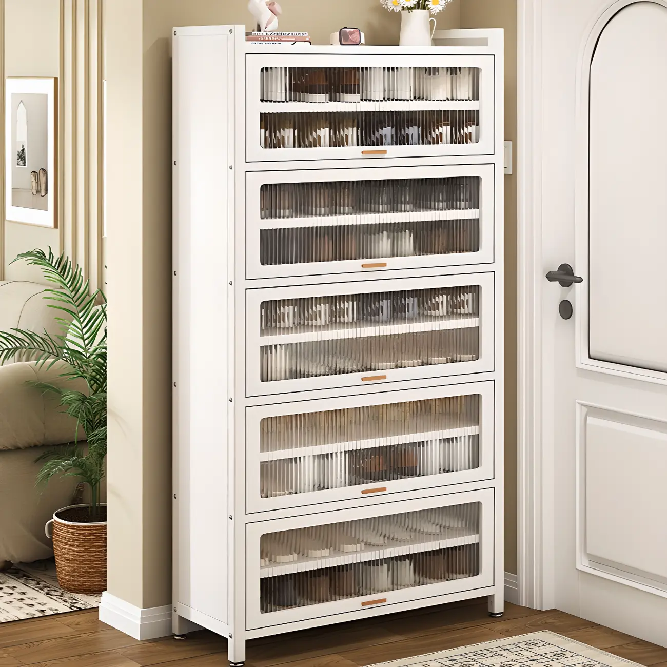 Vertical White Metal Entryway Shoe Storage with Glass Doors Image - 2 | homeyfad