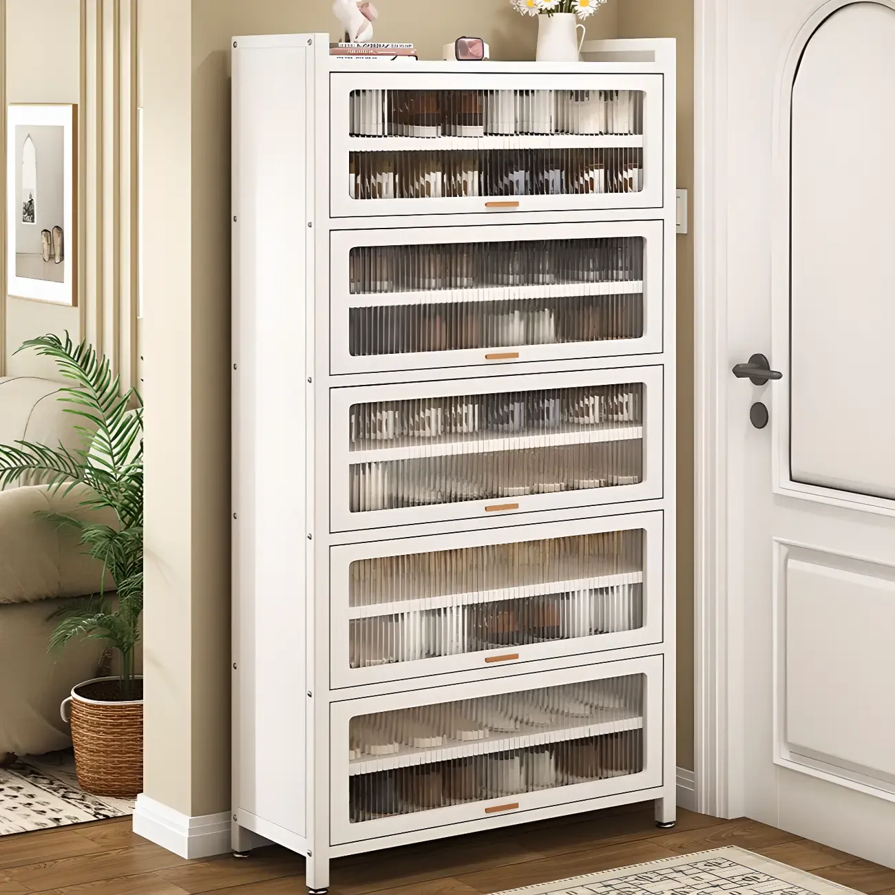 Vertical White Metal Entryway Shoe Storage with Glass Doors Image - 2