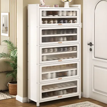 Vertical White Metal Entryway Shoe Storage with Glass Doors Image - 2