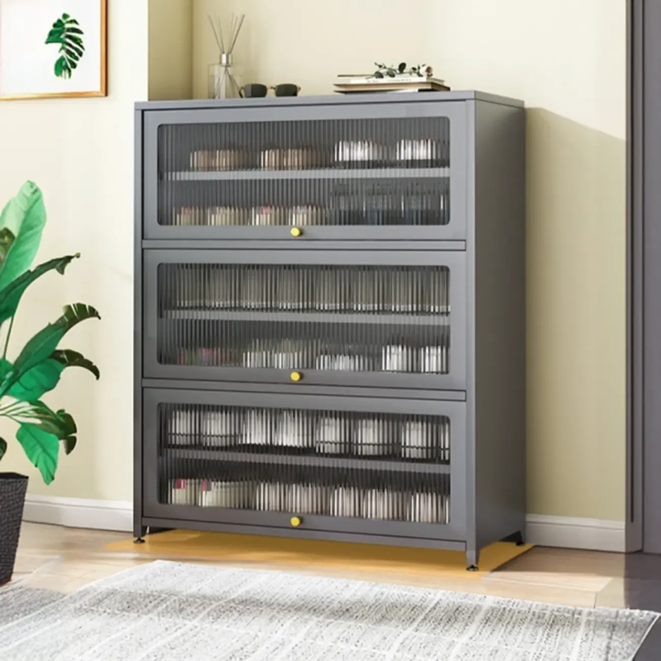 Vertical White Metal Entryway Shoe Storage with Glass Doors Image - 3