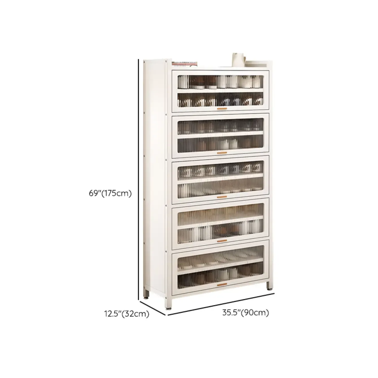 Vertical White Metal Entryway Shoe Storage with Glass Doors Image - 14