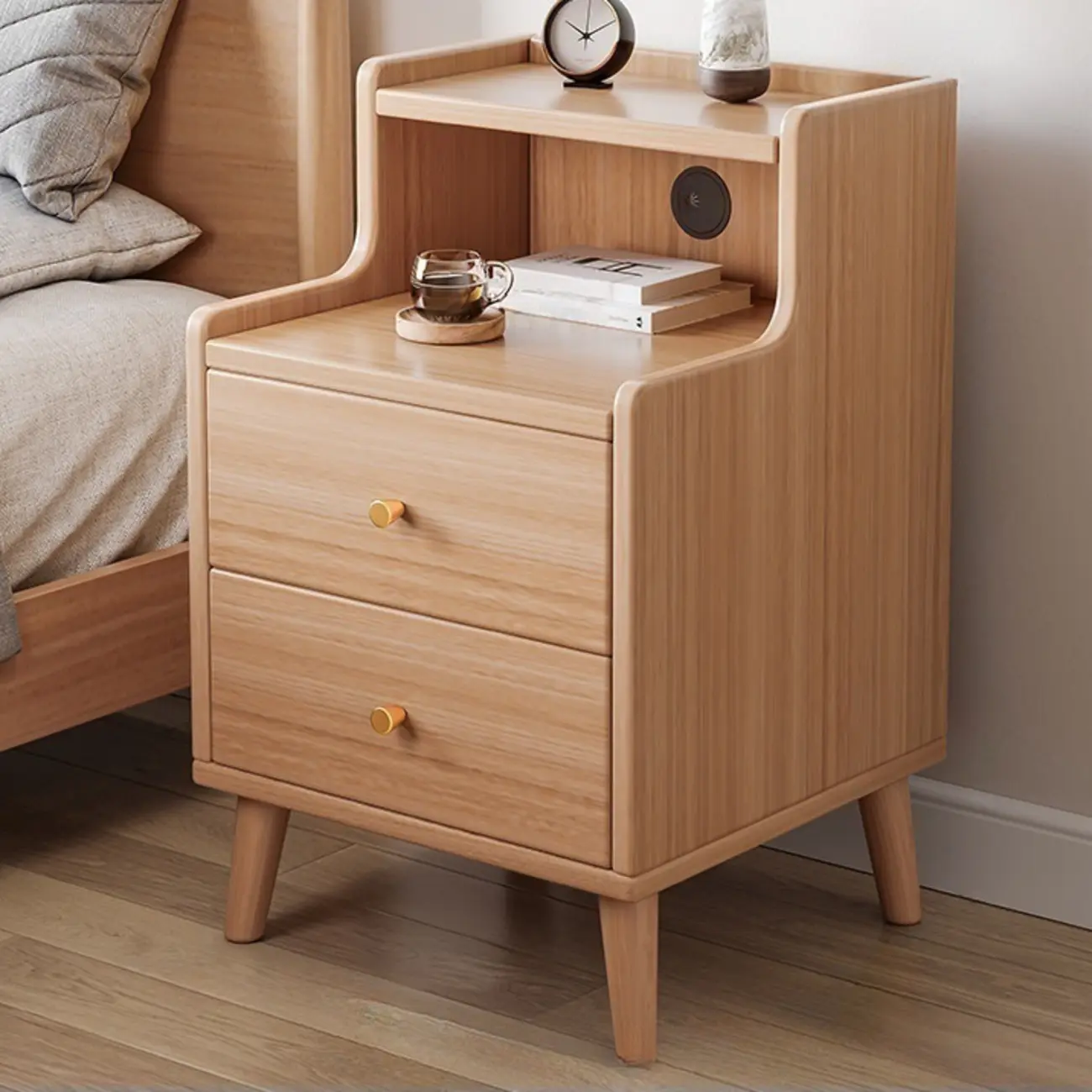 Natural Wood Scandinavian Bedside Table Two-Drawers Nightstand Image - 3 | homeyfad