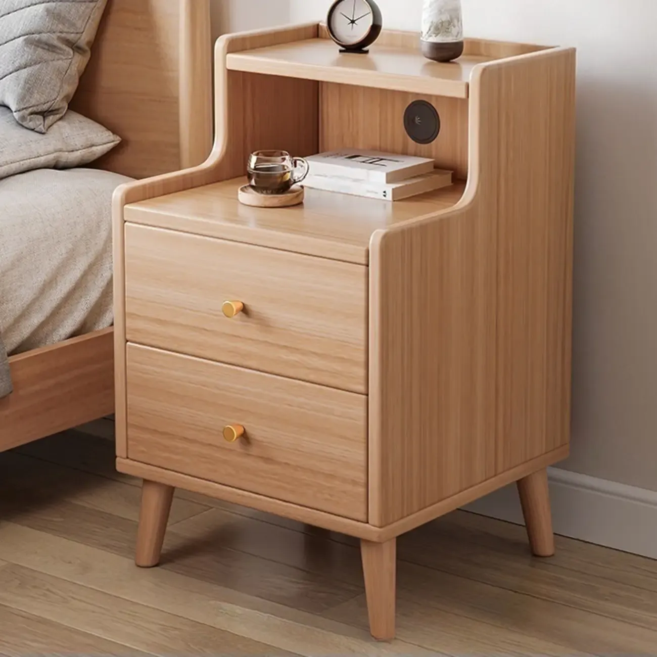 Natural Wood Scandinavian Bedside Table Two-Drawers Nightstand Image - 3