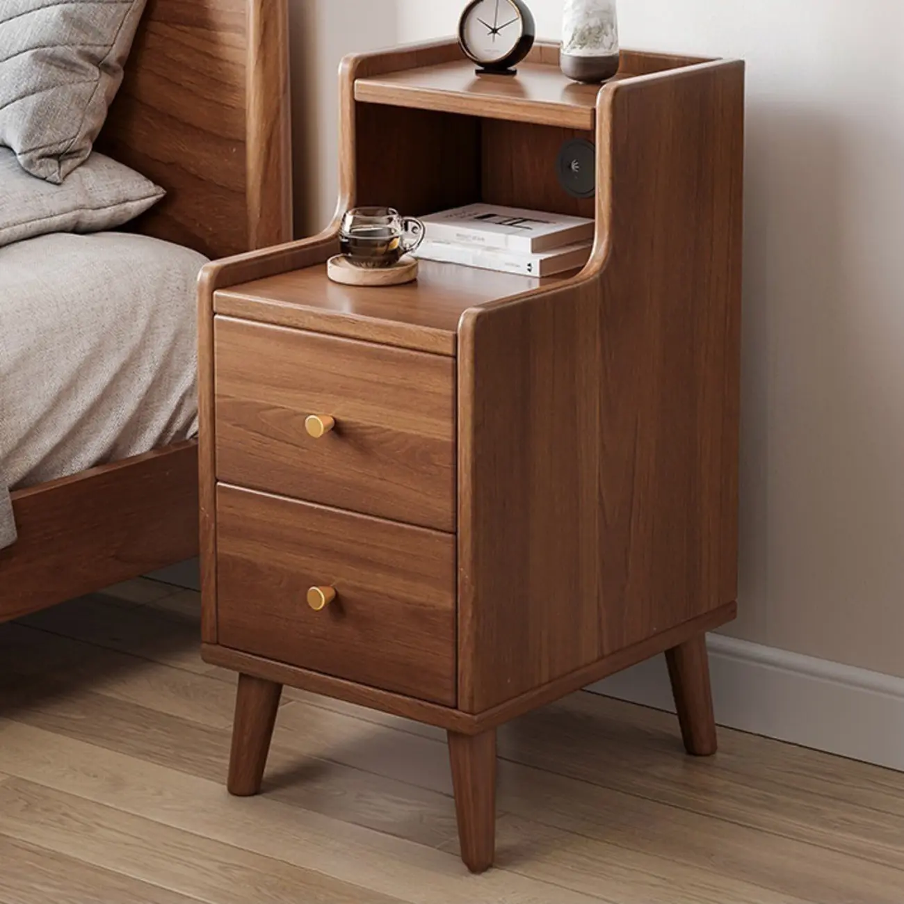 Natural Wood Scandinavian Bedside Table Two-Drawers Nightstand Image - 6 | homeyfad