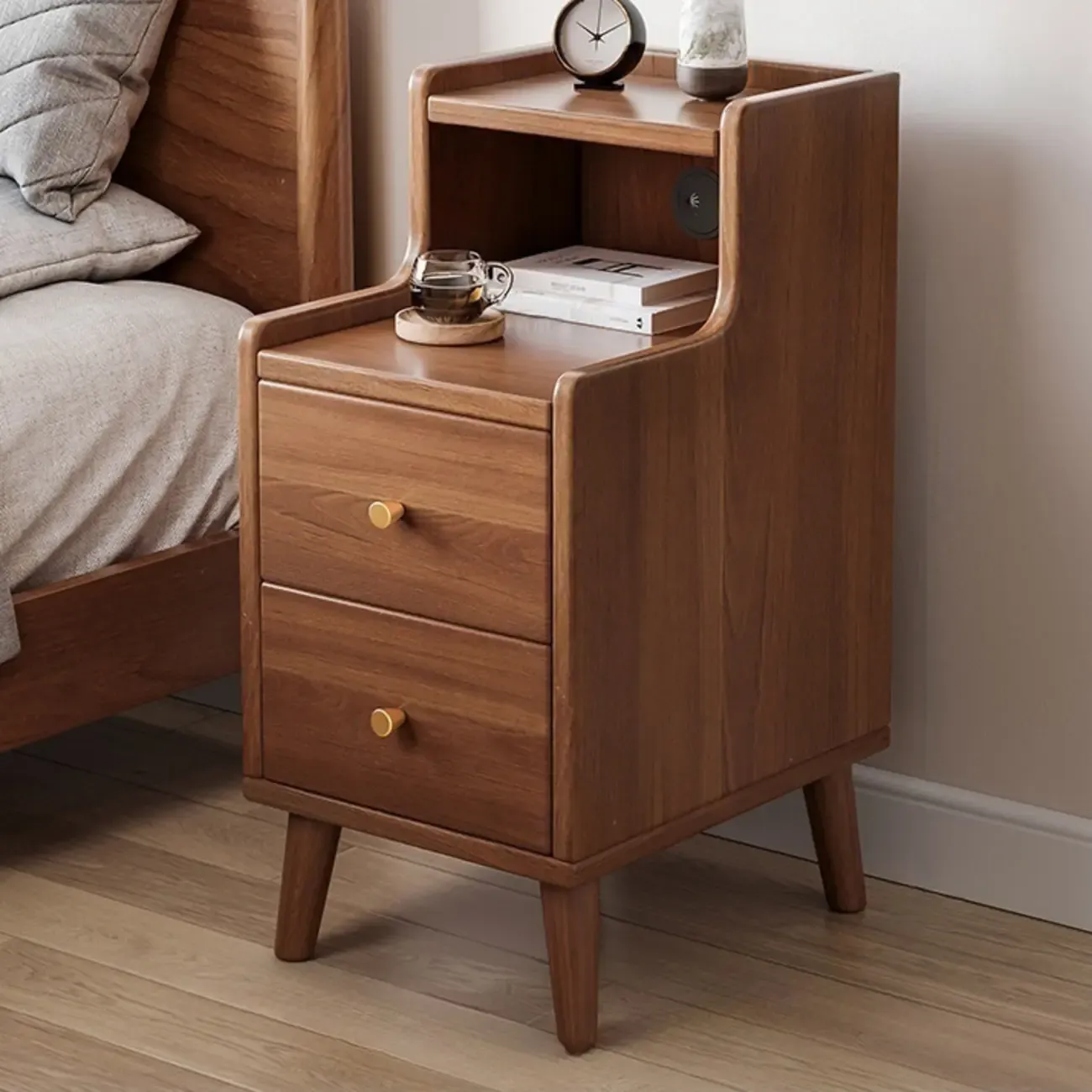 Natural Wood Scandinavian Bedside Table Two-Drawers Nightstand Image - 6