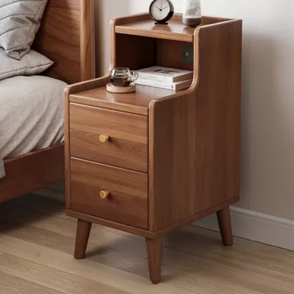 Natural Wood Scandinavian Bedside Table Two-Drawers Nightstand Image - 6
