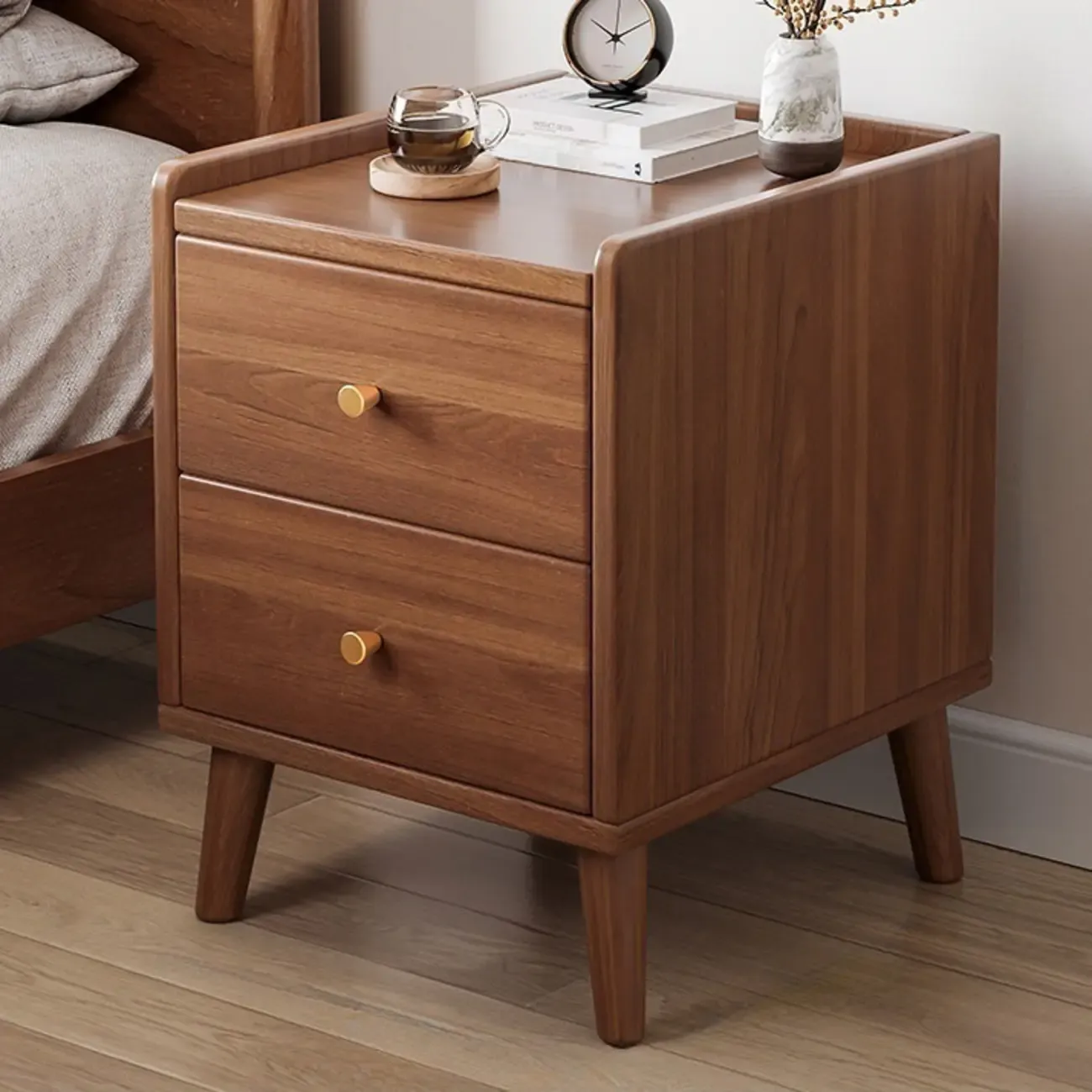 Natural Wood Scandinavian Bedside Table Two-Drawers Nightstand Image - 8