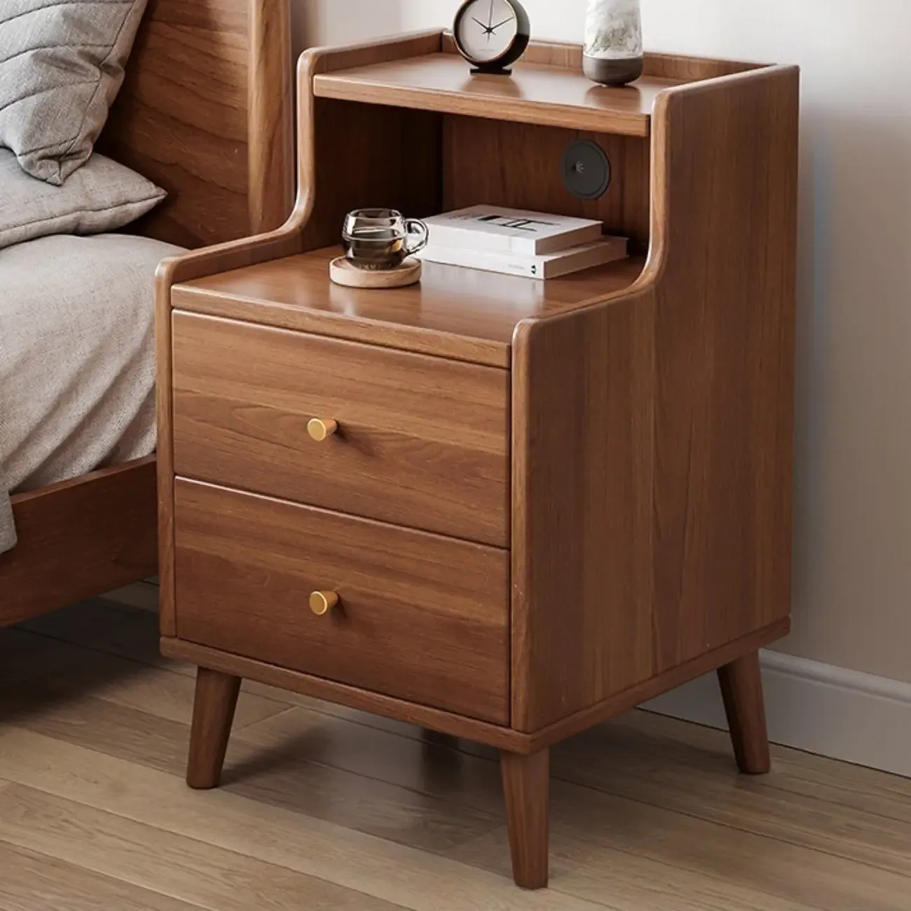 Natural Wood Scandinavian Bedside Table Two-Drawers Nightstand Image - 4