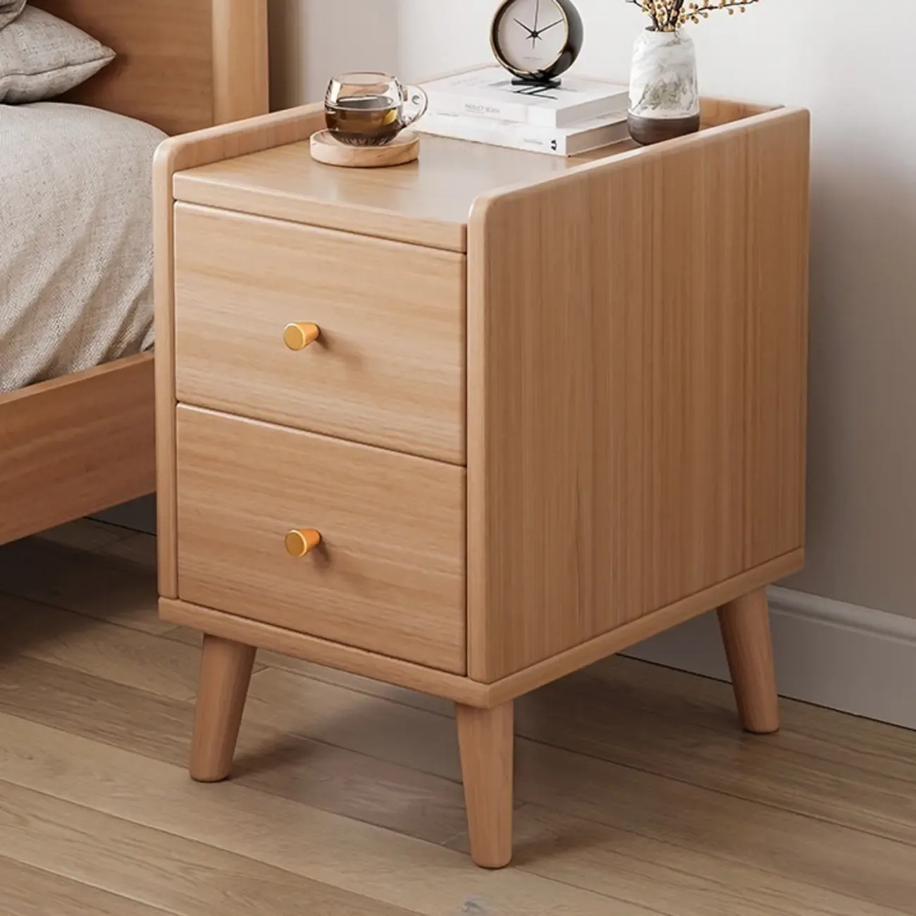 Natural Wood Scandinavian Bedside Table Two-Drawers Nightstand Image - 7
