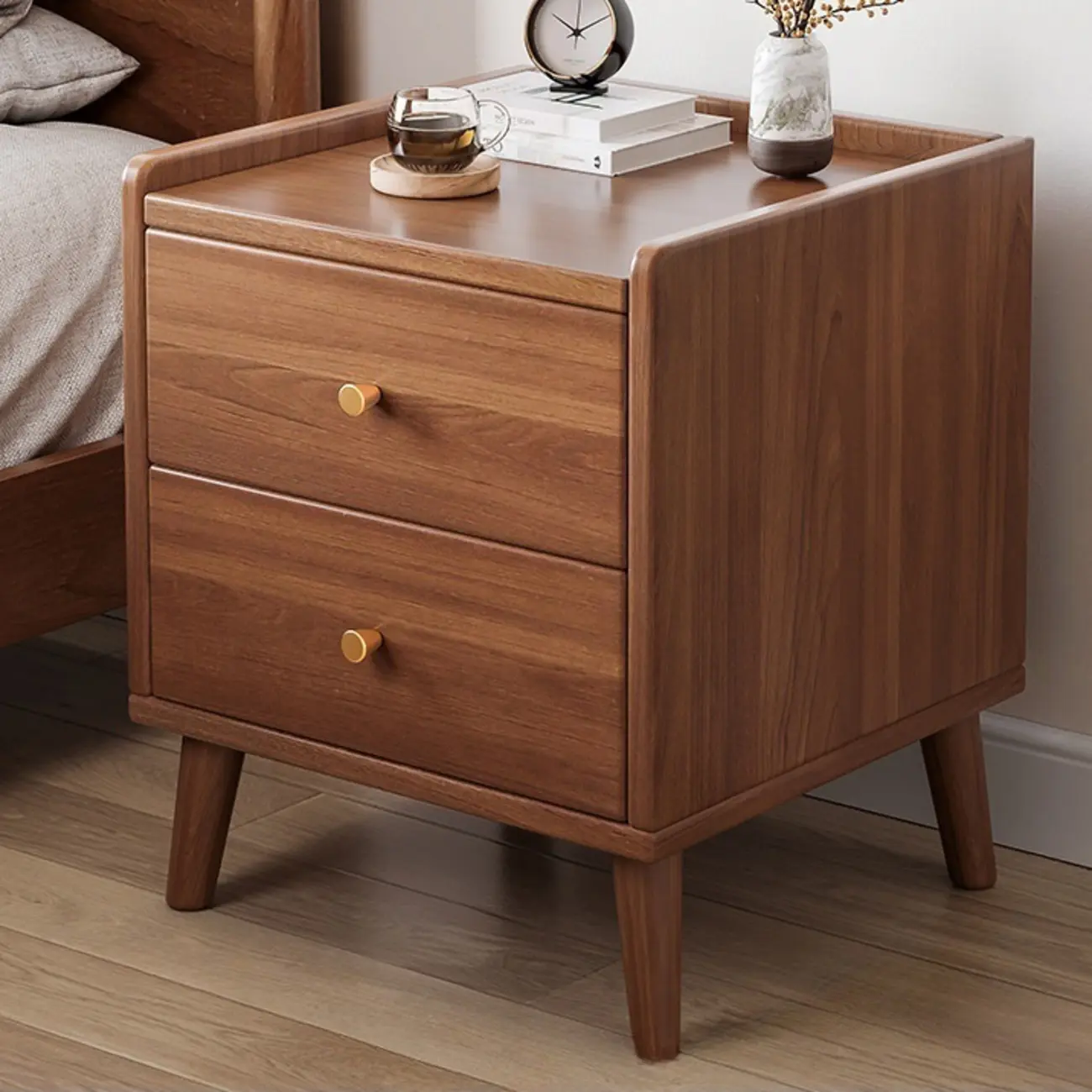 Natural Wood Scandinavian Bedside Table Two-Drawers Nightstand Image - 10 | homeyfad