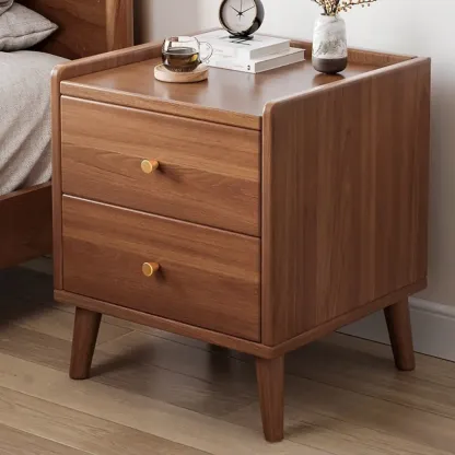 Natural Wood Scandinavian Bedside Table Two-Drawers Nightstand Image - 10