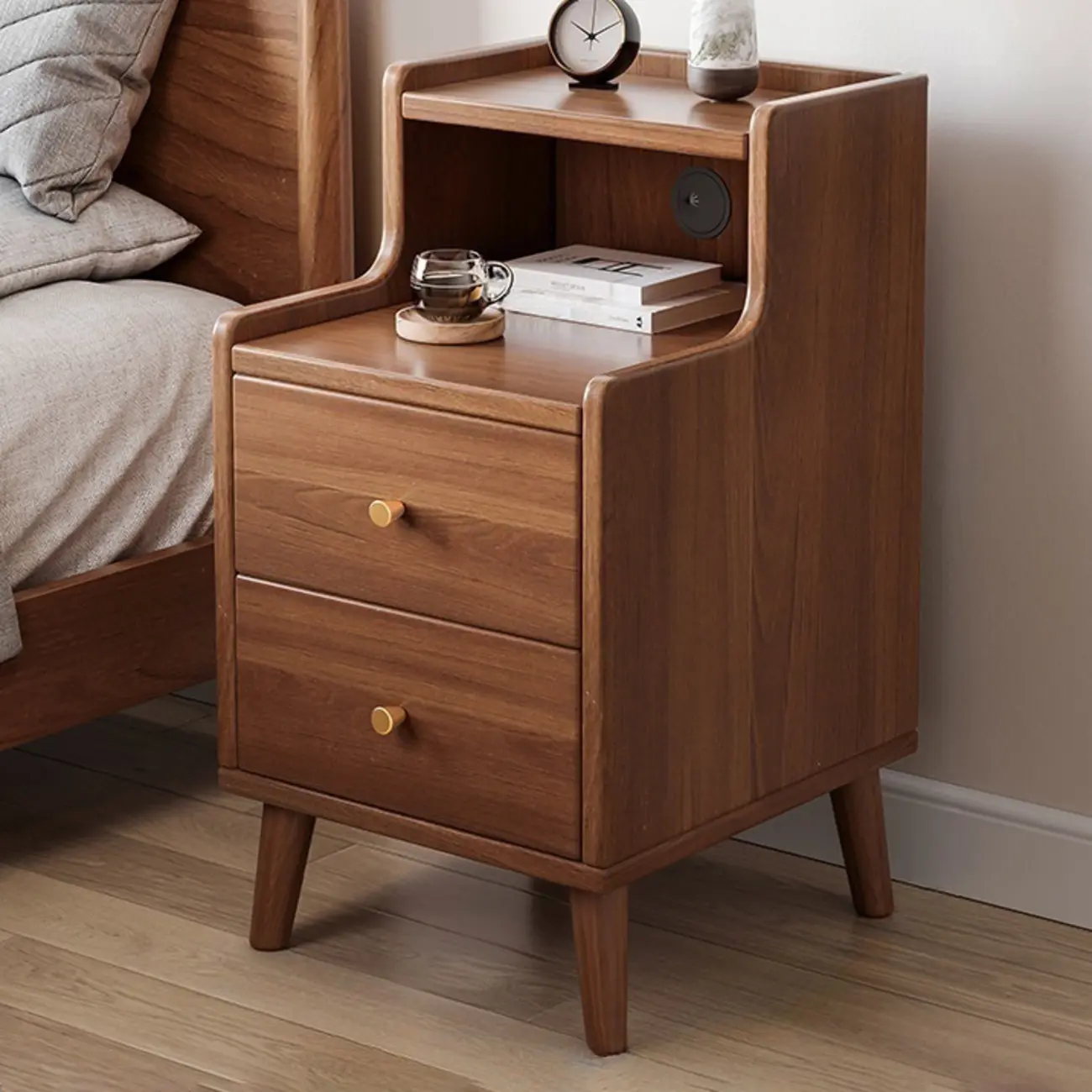 Natural Wood Scandinavian Bedside Table Two-Drawers Nightstand Image - 2 | homeyfad