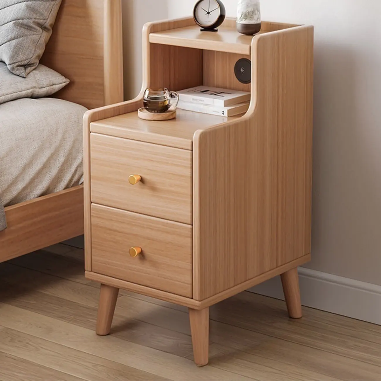 Natural Wood Scandinavian Bedside Table Two-Drawers Nightstand Image - 5 | homeyfad