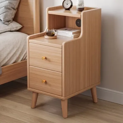 Natural Wood Scandinavian Bedside Table Two-Drawers Nightstand Image - 5