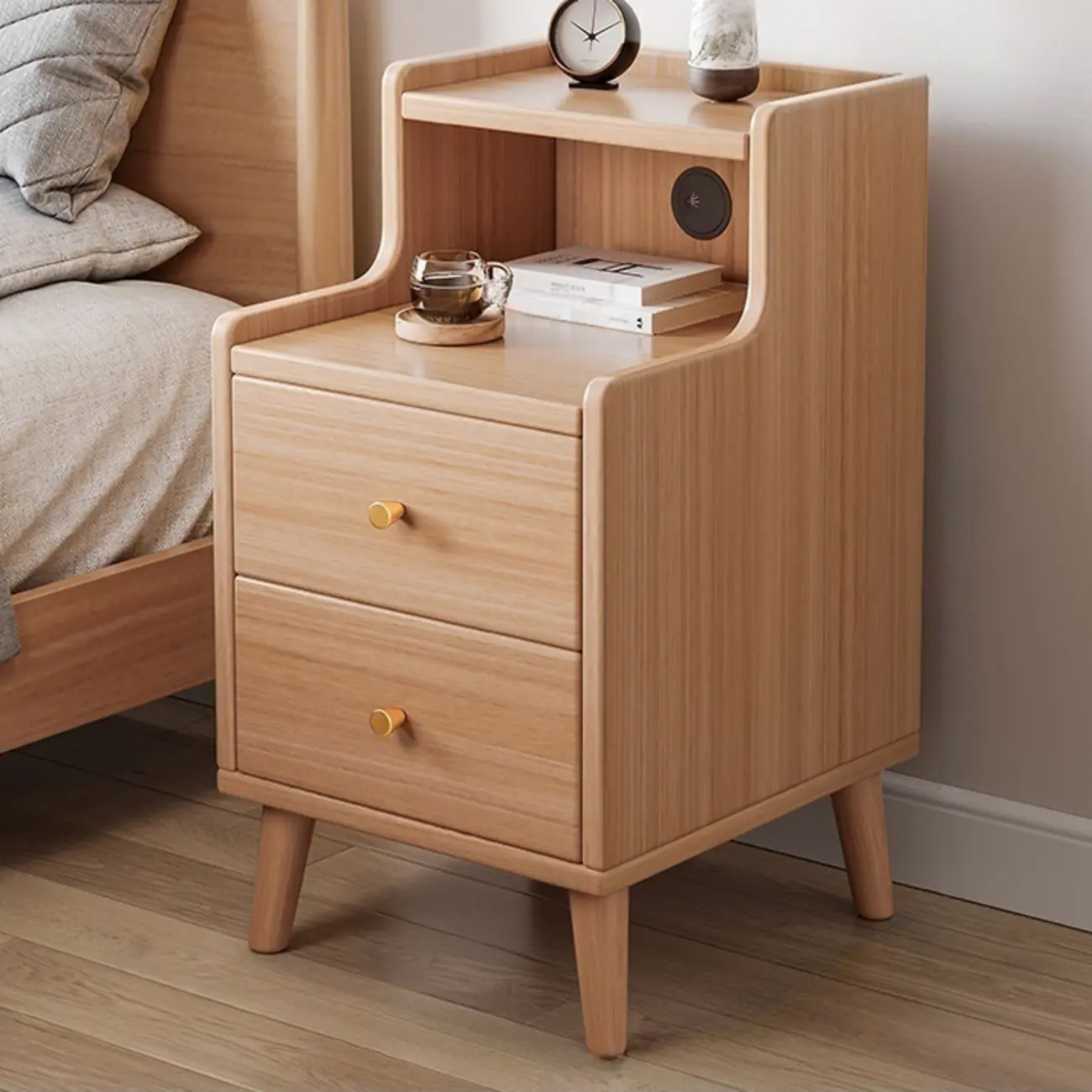 Natural Wood Scandinavian Bedside Table Two-Drawers Nightstand Image - 1 | homeyfad