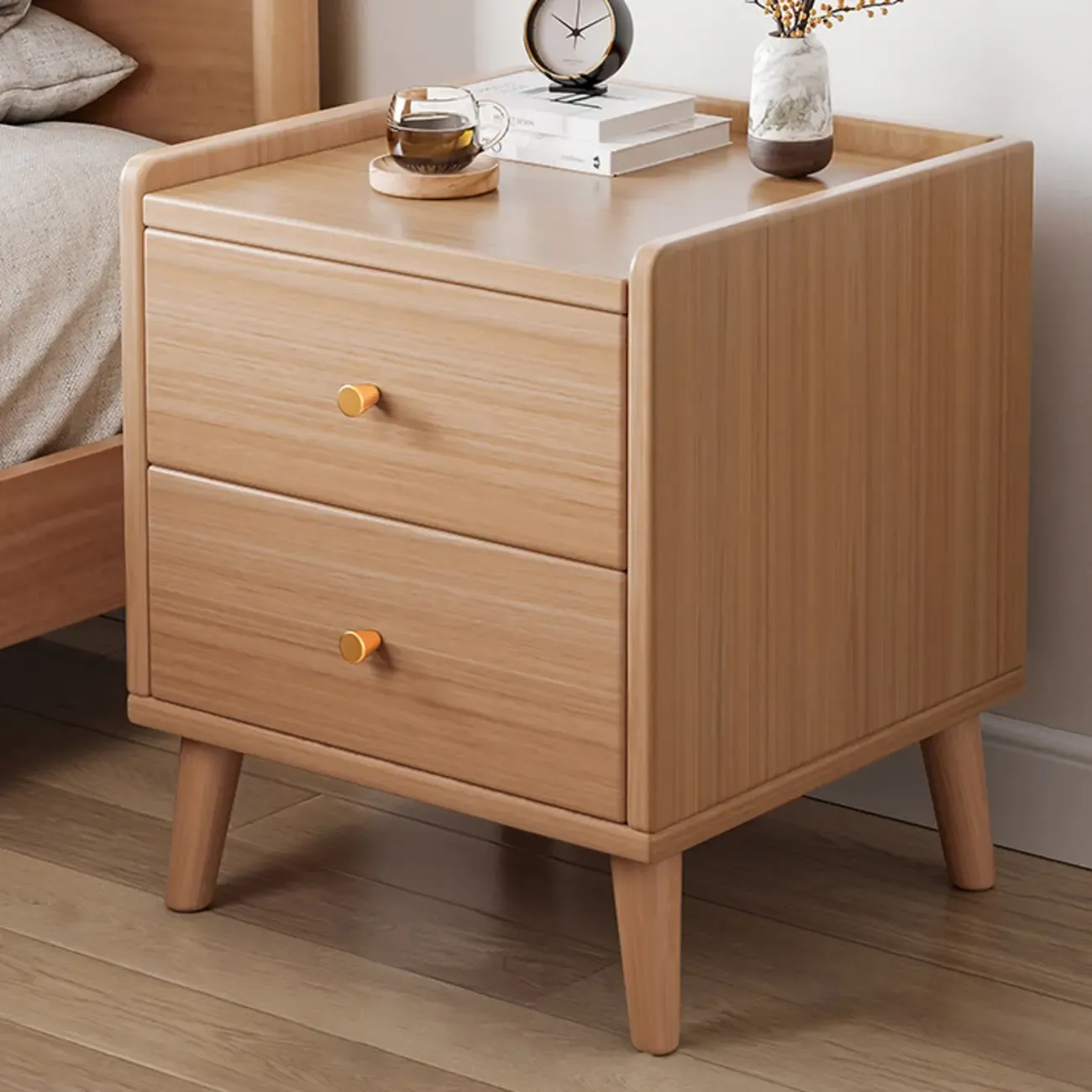 Natural Wood Scandinavian Bedside Table Two-Drawers Nightstand Image - 9