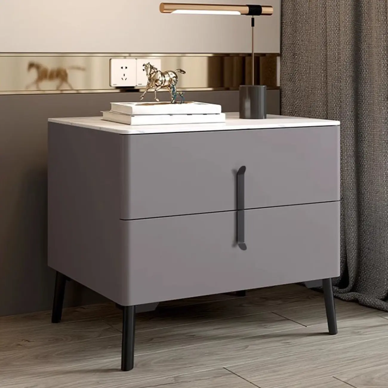 Modern Grey Wood Stone Top 2-Drawer Nightstand Image - 1 | homeyfad