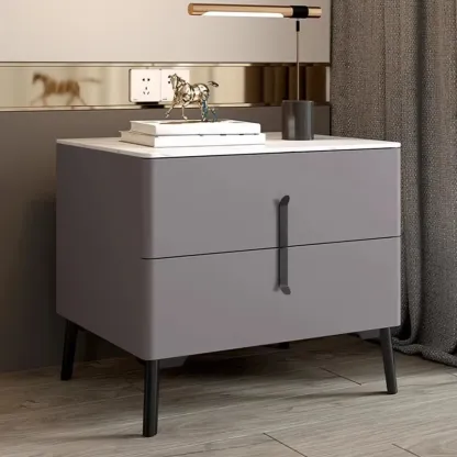 Modern Grey Wood Stone Top 2-Drawer Nightstand Image - 1