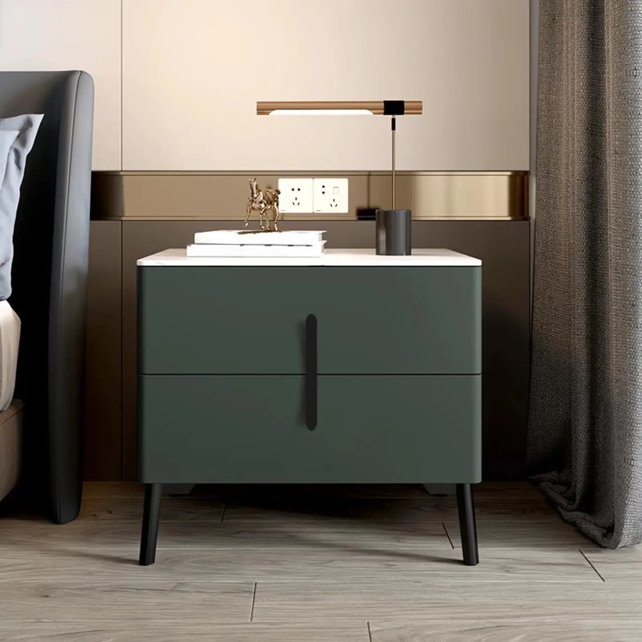 Modern Grey Wood Stone Top 2-Drawer Nightstand Image - 3 | homeyfad