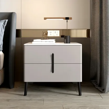 Modern Grey Wood Stone Top 2-Drawer Nightstand Image - 4