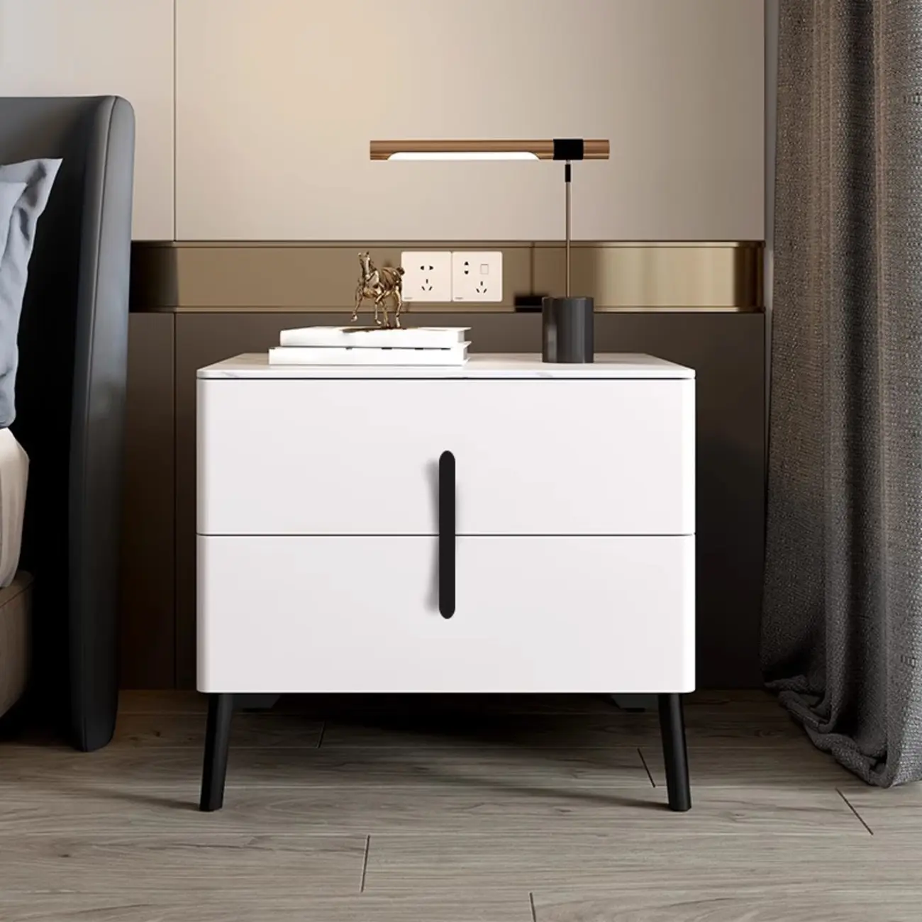 Modern Grey Wood Stone Top 2-Drawer Nightstand Image - 5 | homeyfad