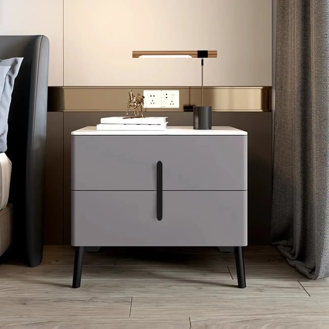Modern Grey Wood Stone Top 2-Drawer Nightstand Image - 2