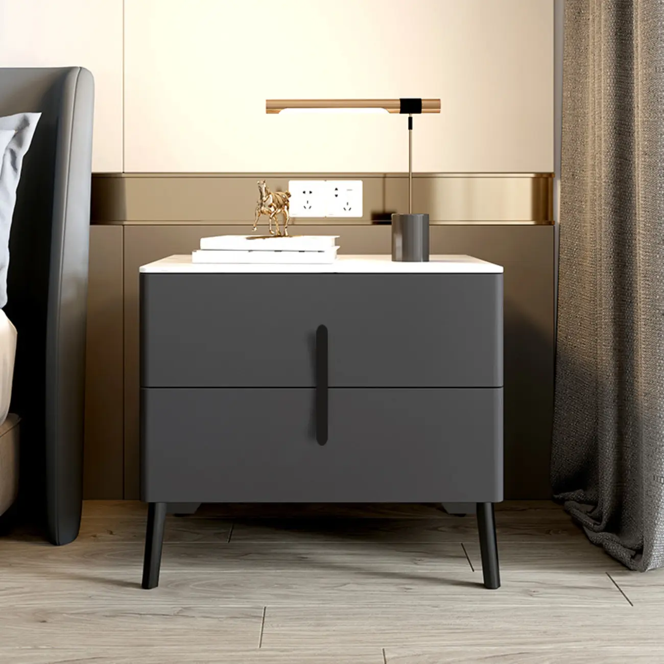 Modern Grey Wood Stone Top 2-Drawer Nightstand Image - 6 | homeyfad