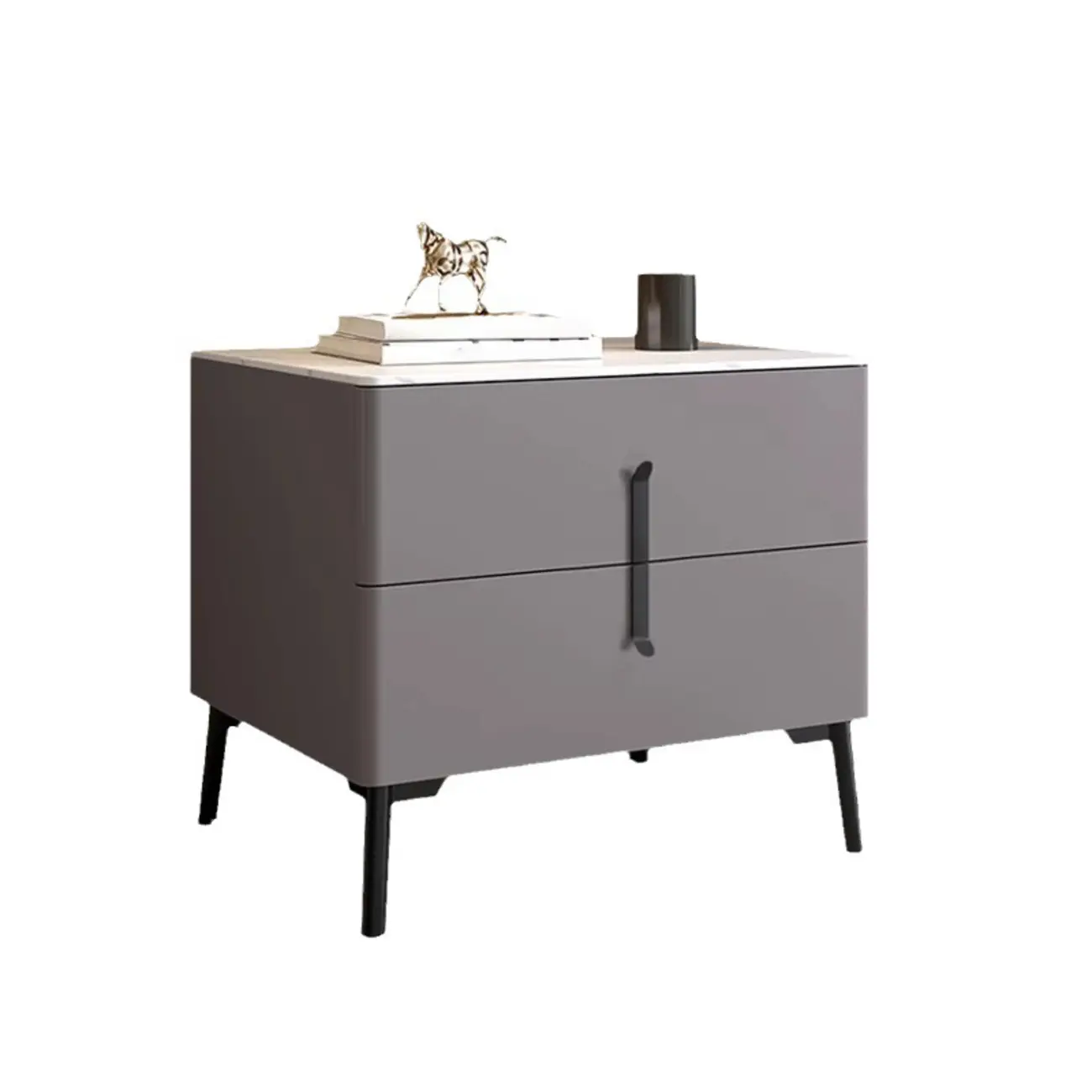 Modern Grey Wood Stone Top 2-Drawer Nightstand Image - 7 | homeyfad