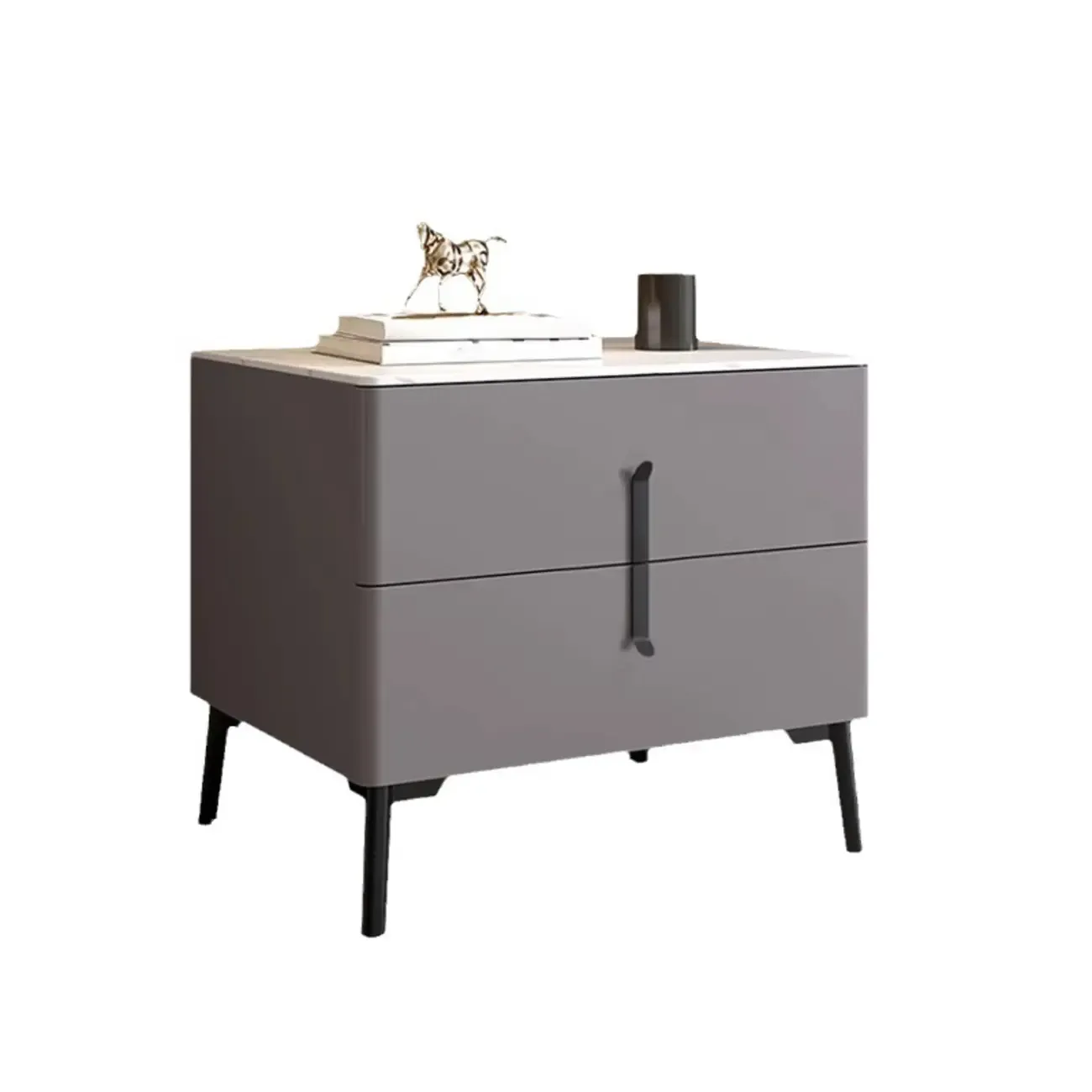 Modern Grey Wood Stone Top 2-Drawer Nightstand Image - 7